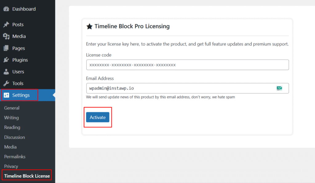 enter timeline block plugin license