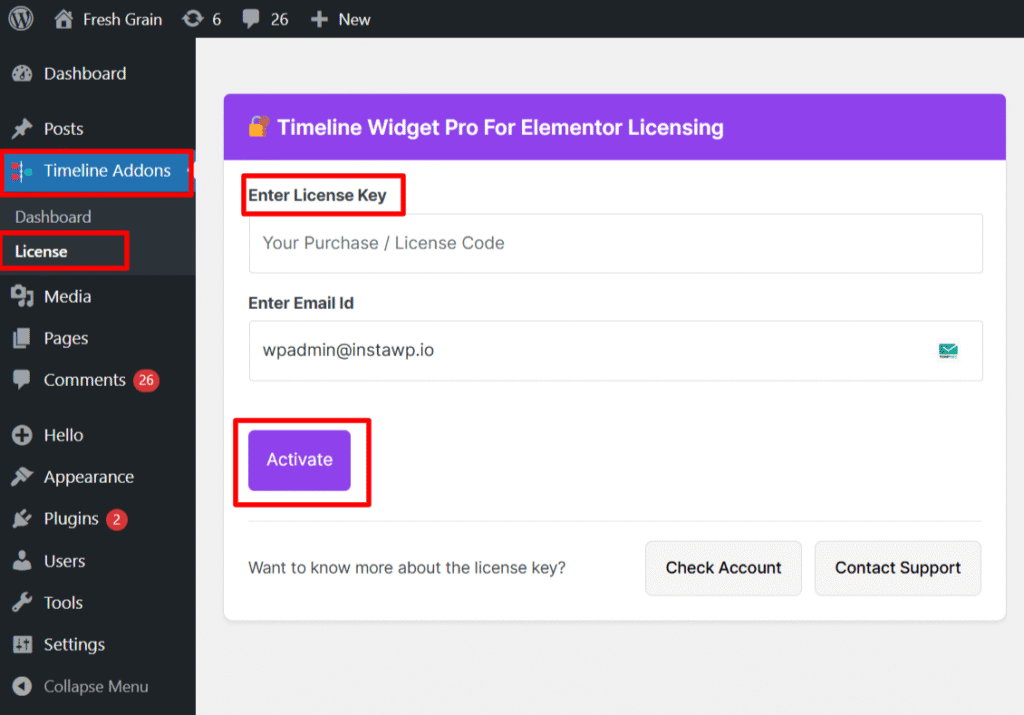 enter timeline widget plugin license key