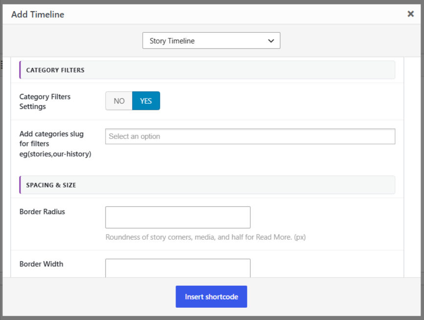 horizontal timeline category filters