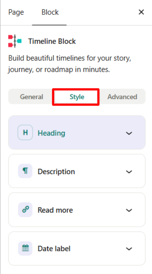 style settings timeline block