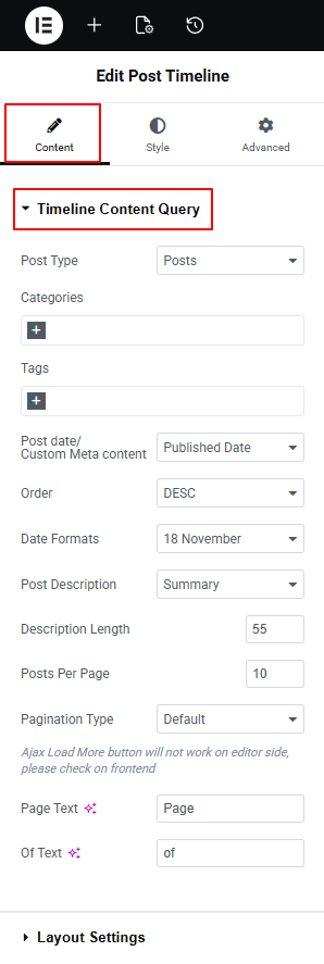 timeline content query settings
